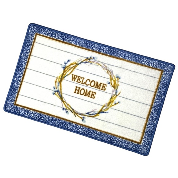 Modern Farmhouse Welcome Home Accent Mat Rug 20 x 32 Inch Blue White - Picture 1 of 14